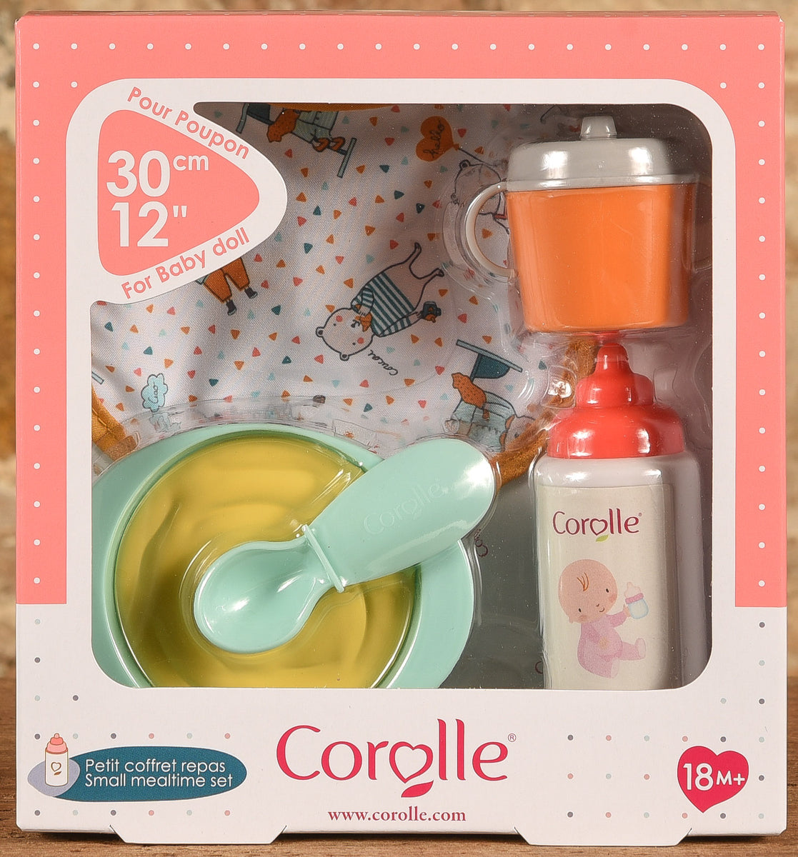 Corolle Mon Premier Poupon Mealtime Set - 5-Piece Accessory Set Includes  Feeding Bottle Cup Bib Feeding Dish & Spoon fits 12'' Baby Dolls for Kids  Ages 18 Months & up Blue Orange Yellow