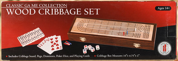 Cribbage - Deluxe Wooden Board With Cards, Dice, And Dominoes